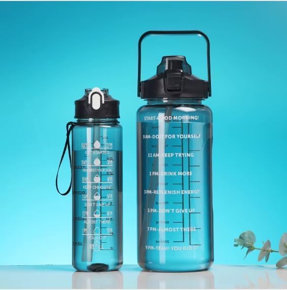 Image of Set of 3 Transparent Water Bottle 2000ML, 900ML, 300ML with Motivational Time Marker |Leak Proof&Break-Proof | Best Usage For Office /School /Gym /Travel (SET OF 3) (BLACK)