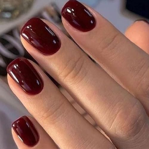 modelones Press on Nails, Dark Red Short Square Fake Nails, Summer Reusable Nail Kit with Nail Glue Adhesive Tabs Mini Nail File, Nails Press Ons 32Pcs 16 Sizes