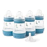MAM Easy Start Anti-Colic Baby Bottles | 4 Pack (4X 160ml) | Self-Sterilising Baby Milk Bottle | Slow Flow MAM Teats Size 1 + 1x Medium Flow Teat Size 2 | Powder Blue (Various Designs)