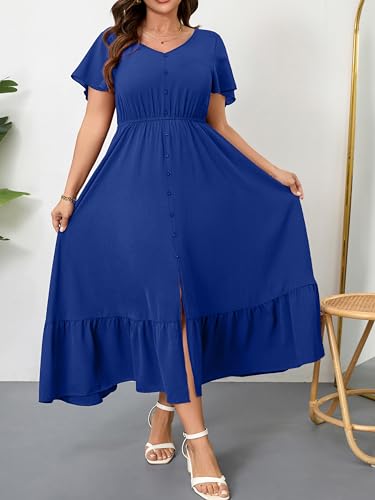 Image of RWJ Women Plus Size Maxi Dress V Neck Short Sleeve Button Trim Split Flowy Tiered Casual Long Dresses 2025 L-3XL