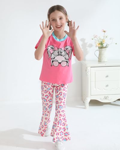 Image of CARETOO Girls Summer Outfit Poster Girl Matching Sister 2pcs Sets Printed t-Shirt + Flare Leg Pants For 3-10 Years