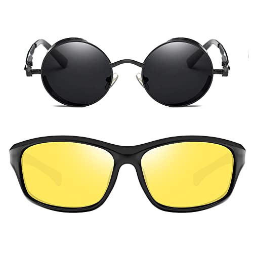 Joopin Sport Night Driving Glasses And Hippie Round Sunglasses Bundle, Lightweight Tr90 Night Vision Shades Men Women, Unisex Metal Steampunk Circle Sun Glasses Polarized Uv Protection Driving Costume #TOP28