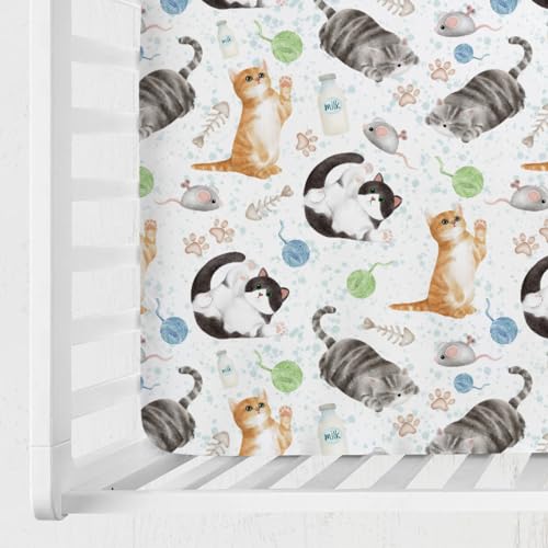 Image of Watercolor Cats Baby Crib Sheets 52''x28'' - Cute Paws Milk Snug Fitted Mattress Cover for Boy Girl - Soft Nursery Bed Sheets for Standard Crib and Toddler Mattresses - Cat Lovers Gift