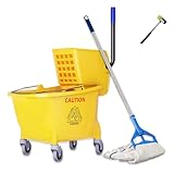 Commercial Mop Bucket with Side Press Wringer on Wheels,Industrial Heavy Duty Mop ldeal for Household and Public Places Floor,35-Quart(Yellow)