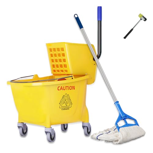 Image of Commercial Mop Bucket with Side Press Wringer on Wheels,Industrial Heavy Duty Mop ldeal for Household and Public Places Floor,35-Quart(Yellow)