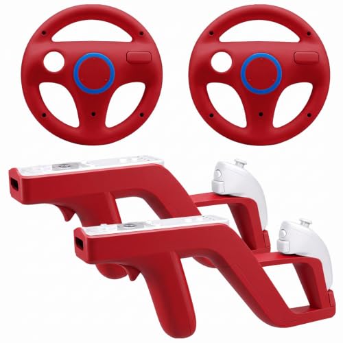 Image of Arrocent Steering Wheel and Zapper Gun Set Compatible with Wii Wii U Remote (Pack of 2, Red)