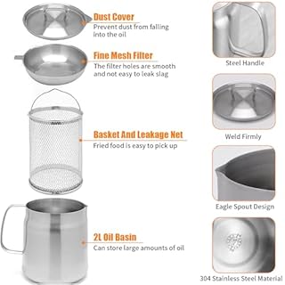 Friteuse Acier Inoxydable 304 avec Mailles Filtre Fines & Filtrant Panier, Marmite Huile Multifonctionnelle 2L Couvercle Anti-Poussière, Récipient Graissee Poignée pour Graisse Cuisson Frire