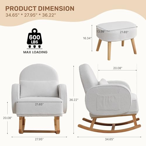 Image of HCHAIRH Rocking Chair Nursery with Ottoman Footrest, Upholstered Glider Rocker with High Backrest and Side Pocket, Rocking Accent Armchair with Solid Wood Legs for Nursery, Living Room, Bedroom White