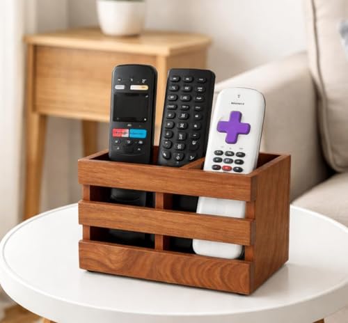 Image of Wooden Remote Control Holder Stand for Living Room & Bedroom | 2 Compartment Remote Organizer for TV, Sofa & Side Table | Brown