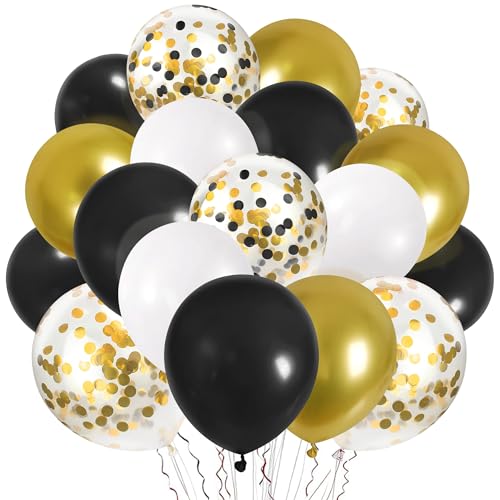 Image of CANREVEL 50pcs 12 Inches Black Gold Confetti Balloons Kit, Metallic Gold and Black White Party Balloons with Ribbons for Birthday, Baby Shower, Graduation, New Year Decorations