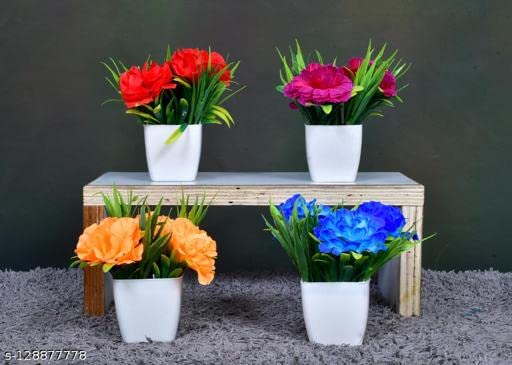 Image of Artificial Flower with Pots for Home Decoration Combo of 2PCs Artificial Forest Bonsai Plant with Plastic Pot for Office Items Desk Greenery Room Decor Plants Random Color Flower (Flower Pot)