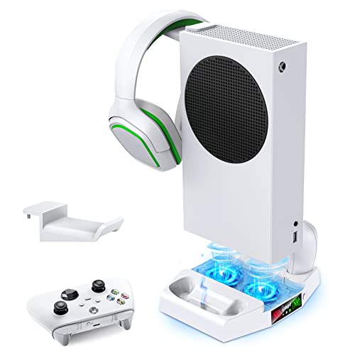 Cooling Stand with Controller Charger for Xbox Series S, Dual Fan Cooling System with Adjustable 3 Speeds, Two Charging Dock with LED Indicator, Headset Holder, 2 USB Port for XBS Accessories Device