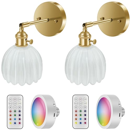 MAYOMAJO Wall Sconces, Tulip-Shaped Glass Shade, Modern Wall Lamp with RGB Color-Changing Bulb, for Home Bedroom Doorway Decoration (White Glass + Brass Finish, 2-Pack Rechargeable Bulbs with Remote)