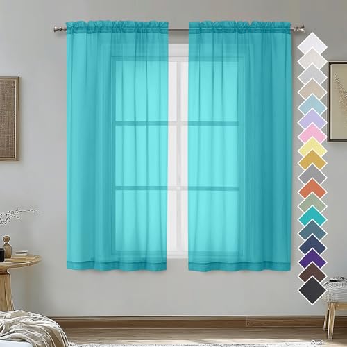 Image of OVZME Turquoise Sheer Curtains 54 Inches Long 2 Panels - Soft Light Filtering Window Sheer Panels for Living Room /Bedroom, Top Dual Rod Pocket, 1 Pair, Each 42Wx54L Inches