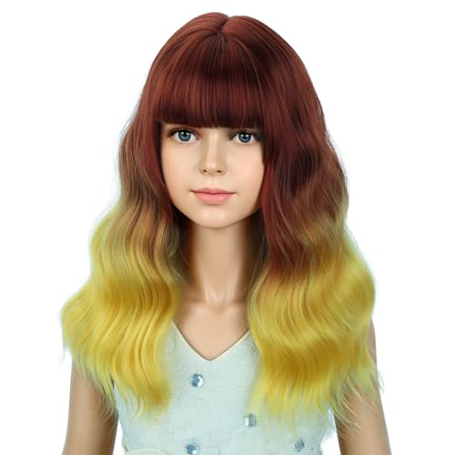 Image of PATTNIUM Flame Short Curly Wig with Bangs Girls Fire Colored Wigs Orange Wavy Shoulder Length Wavy Heat Resistant Synthetic Wig