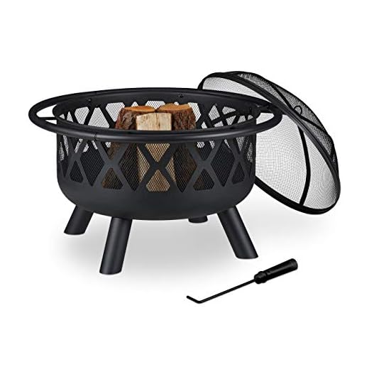 Relaxdays Brasero Exterior con Atizador y Cubierta Antichispas, Estufa de Leña Jardín y Terraza, Acero, 58x75 cm, Negro