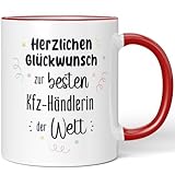 JUNIWORDS Tasse, Herzlichen Glückwunsch zur besten Kfz-Händlerin der Welt, Rot (7640651)