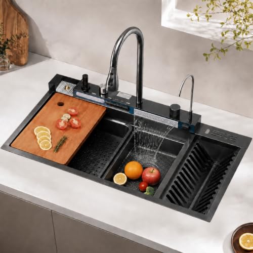 Image of Fossa 40x18x09 Smart Waterfall Piano Kitchen Sink, AISI Premium Stainless Steel, 2.5 mm Collar Thickness, 5-Year Warranty, Double Bowl Sink with LED Display, Black Matte Finish