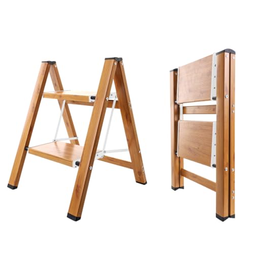 BAOYOUNI 2 Stufen Trittleiter klappbar Aluminium Tragbare Stufenleiter Kleine Leiter Haushaltsleiter Klappleiter mit Breitem Anti-Rutsch Pedal, Belastbar bis 150 kg, Holzmaserung Farbe+Weiß
