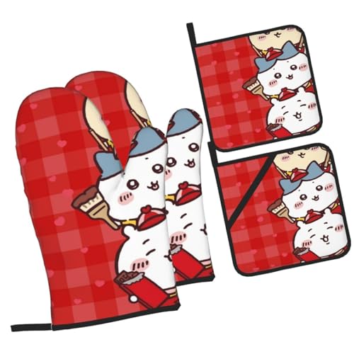 耐熱鍋つかみ ちいかわ ミトン なべつかみ おしゃれ かわいい 滑り止め 防水 耐熱 260℃ キッチンミトン 左手と右手両手で使用可能 オーブンミトン 耐熱グローブ 鍋敷き2枚 アウトドア用 業務用 クッキング用 男女兼用 4枚セット