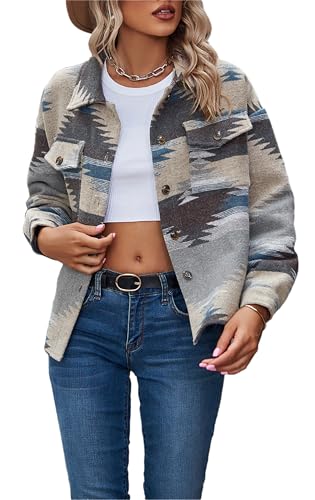 Womens Aztec Coat Fall Outfits Button Down Shirt Jacket Trendy Shacket Casual Loose Overszied Cardigan Outerwear