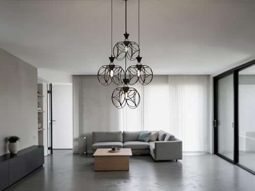 Image of Prop It Up Modern Chandelier Pendant Light for Living Room | Designer Multi-Light Hanging Ceiling Lamp with Metal Cage Shades | Luxury Decorative Lighting for Home, Dining & Staircase | E27 Holder