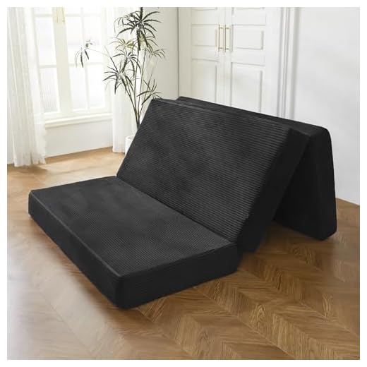 BYBYME Tri-Folding Corduroy Mattress, 6 Inch Gel Folding Mattress Topper, Foldable Soft Guest Bed Camping Pad, Washable Cover (Black, Full)
