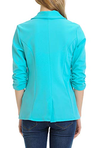 MINEFREE Women's 3/4 Ruched Sleeve Lightweight Work Office Blazer Jacket Aqua 1XL - Thumbnail 4