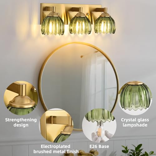 Image of Bathroom Vanity Light Fixtures, 3-Light Brushed Gold Bathroom Light Fixtures Over Mirror, Antique Wall Lights with Green Glass Tulip Light Shade for Mirror, Kitchen, Hallway, Cabinet, Porch