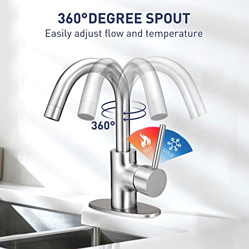 Phichi Brushed Nickel Bar Faucet, Single Handle 1 Or 3 Hole Stainless Steel Gooseneck Kitchen Sink Faucets With Hot & Cold Water Supply Lines #TOP3