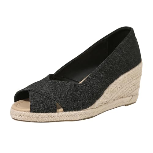 Sandalias De Cuña Mujer Verano Abierto Punta Retro Sandalias De Mezclilla Ligeras Tendencias Boca Pescado Alpargata Zapatos Mujer Cómodos, Le Noir, 40 EU
