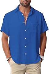 Men Button Short Sleeve Shirts Blue