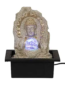 CHRONIKLE Polyresin Cream Color Buddha Table Top Home Decor Indoor Waterfall Fountain with Multicolor LED Lights, Speed Controller Pump & Rotating Ball (Size: 25.5 x 21 x 18.5 CM | Weight: 1060 grm)