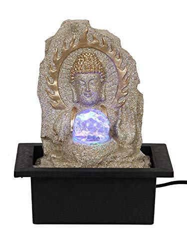 Image of Polyresin Cream Color Buddha Table Top Indoor Waterfall Fountain for Home Decor with LED Lights, Speed Controller Pump & Crystal Ball (Size: 25.5 x 21 x 18.5CM | Weight: 1060grm)