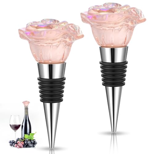2 Pack Rose Wine Stopper, Wine Toppers for Wine Bottles, Reusable Wine Corks, Decorative Bottle Sealer, Wine Accessories Gifts for Wine Lovers, Wedding Favors