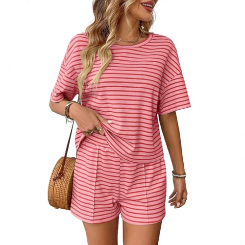 DONYKARRY Womens 2 Piece Sets Striped Short Sleeve Lounge Set Outfit T Shirts and Shorts Loungewear Matching Set(Pink,S)