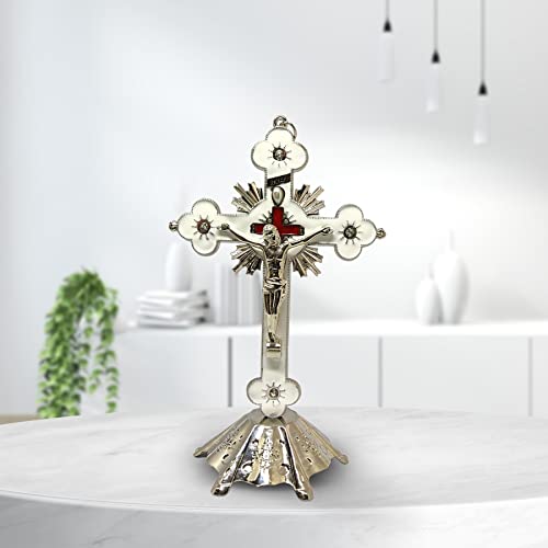 Crucifixo Em Metal Prata Para Parede E Mesa Resinado com Pedestal 17cm Cruz Moderna de Metal para Al