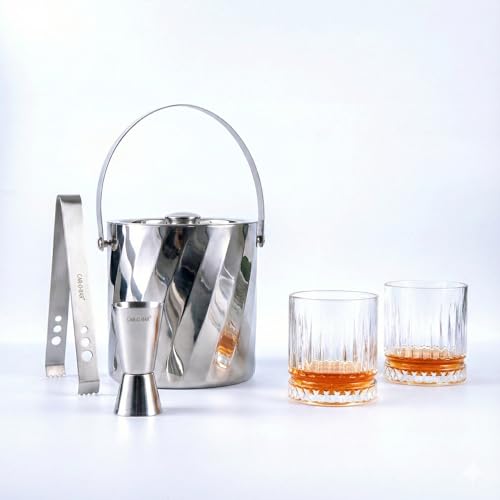Image of Car-O-Bar Gift Set | Rippled Finish Stainless Steel Ice Bucket & Tong with Set of 4 Whiskey Glasses with Peg Measurer | Premium Ice Bucket for Bar & Home | Perfect Home Bar Setup