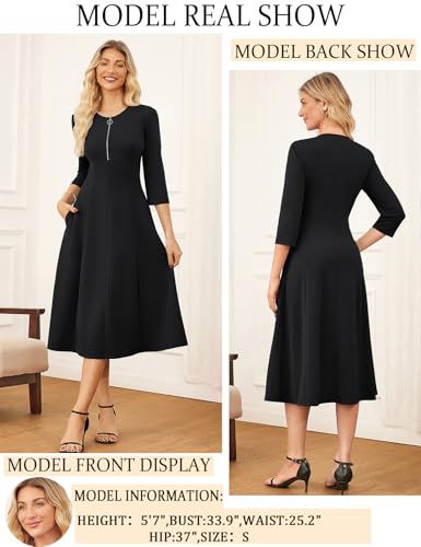 GRACE KARIN Women's 2025 Work Dress,Zipper Front Funeral Dress,3/4 Sleeve Dresses with Pockets4