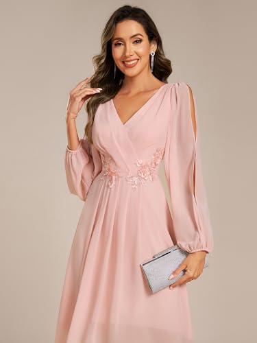 Image of Ever-Pretty Women's Chiffon Lantern Long Sleeves Pleated Appliqued Empire Waist Midi Length Semi Formal Dresses 02926