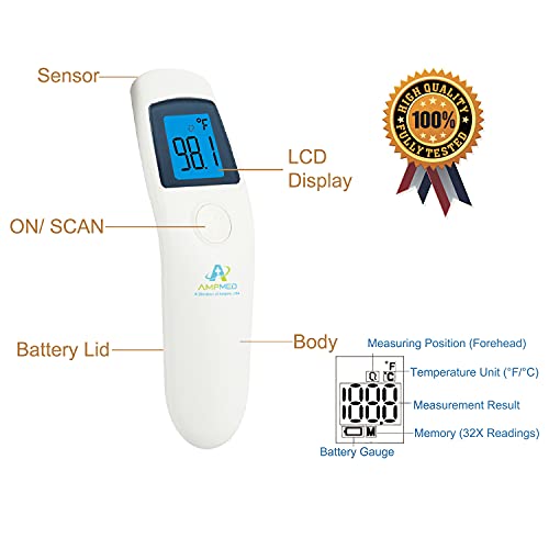Amplim No Touch Forehead Thermometer - Non-Contact Digital Infrared Thermometer - Medical Grade, Hygienic, Accurate, Instant Read, Touchless Thermometer For Adults, Kids, And Baby - Fsa Hsa Eligible #TOP3