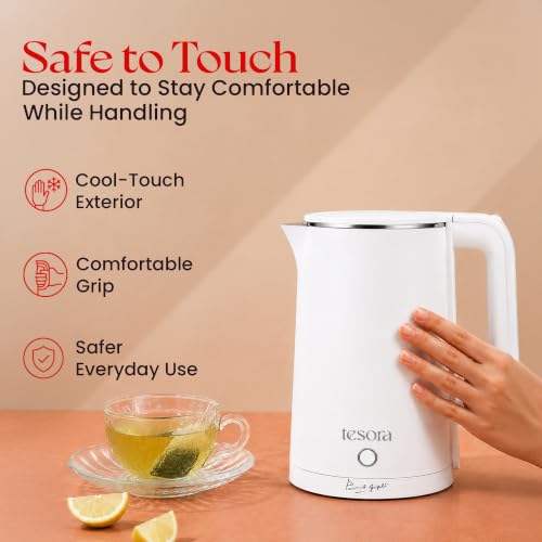Image of Tesora by Cook with Parul Electric Kettle, 1.8L, 12 Recipes Book Included, 1500W, 100% Stainless Steel Inner Body, Auto Shut-Off, Boil-Dry & Overheat Protection, Cool Touch Double Wall (White)