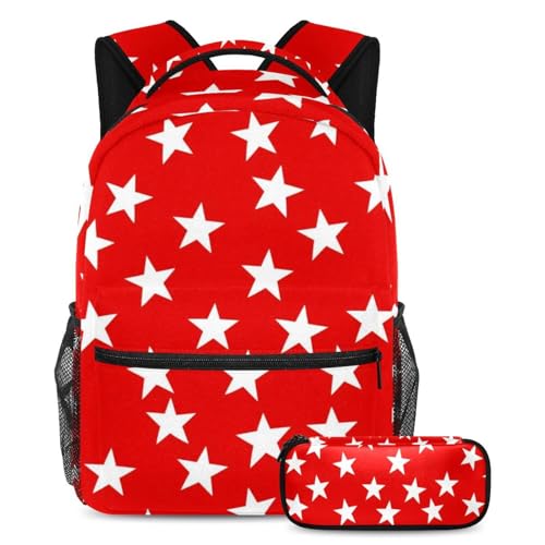 Sac à dos avec trousse à crayons 42 étoiles blanches fond rouge grand format