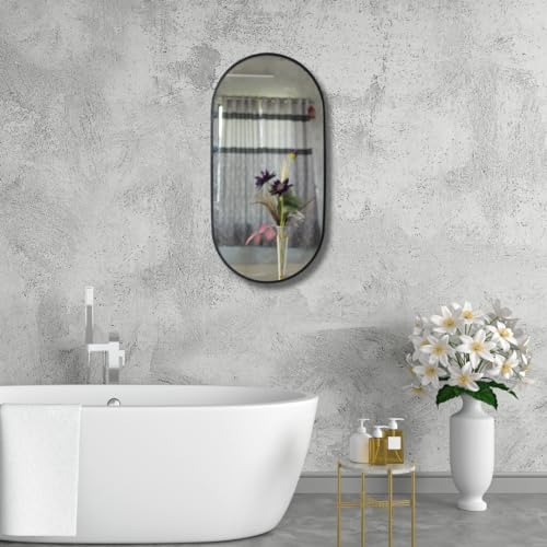 Image of Modern Elegance Capsule Shape Wall-Mounted Mirror Metal Framed Wall Mirror Bathroom Mirror Living Room Mirror Home Decor Mirror 24 x 48 Inches Black MF 105