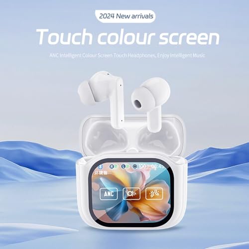 Image of Wireless Touchscreen Earbuds with Smart Touch Screen Case - TWS True Wireless Bluetooth 5.4 Headphones - ANC Active Noise Cancelling - Blue Tooth Earphones for iPhone Android