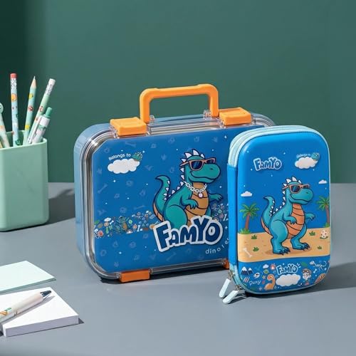 Image of Famyo Rexy Dino School Essentials Kit Lunch Box & Pencil Pouch | Leakproof 3-compartment bento lunch box with hard shell pencil case, ideal school combo for kids