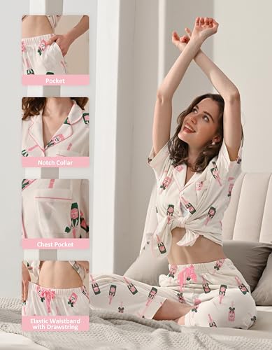 Image of NAP BOUND 100% Cotton Women's Pajama Sets Short Sleeve Button Down Soft Pjs 2 Piece Lounge Set with Pocket Nightwear XS-XXL