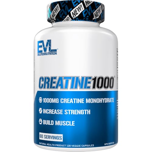 Evlution Nutrition Creatine1000-1 Gram of Pure Creatine Monohydrate in Each Serving - Increase Lean Muscle & Improve Strength while Training - Veggie Capsules - 60 Servings