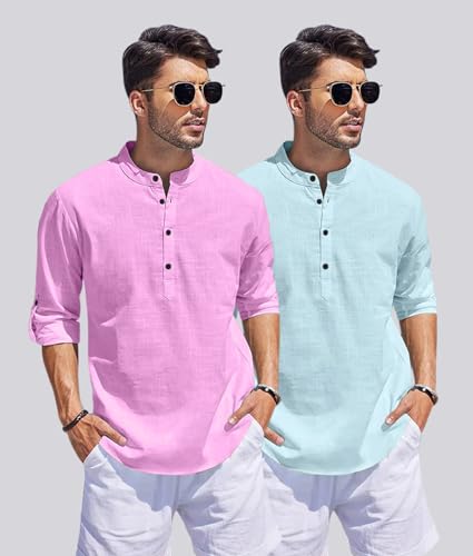 Image of Men's Cotton Blend Straight Kurta Shirt Combo with Mandarin Collar - Slim Fit Casual Short Kurti Set Featuring Textured Slub Fabric and Roll-Up Full Sleeves