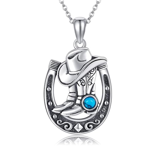 Collier fer à cheval pendentif botte cowboy turquoise argent 925